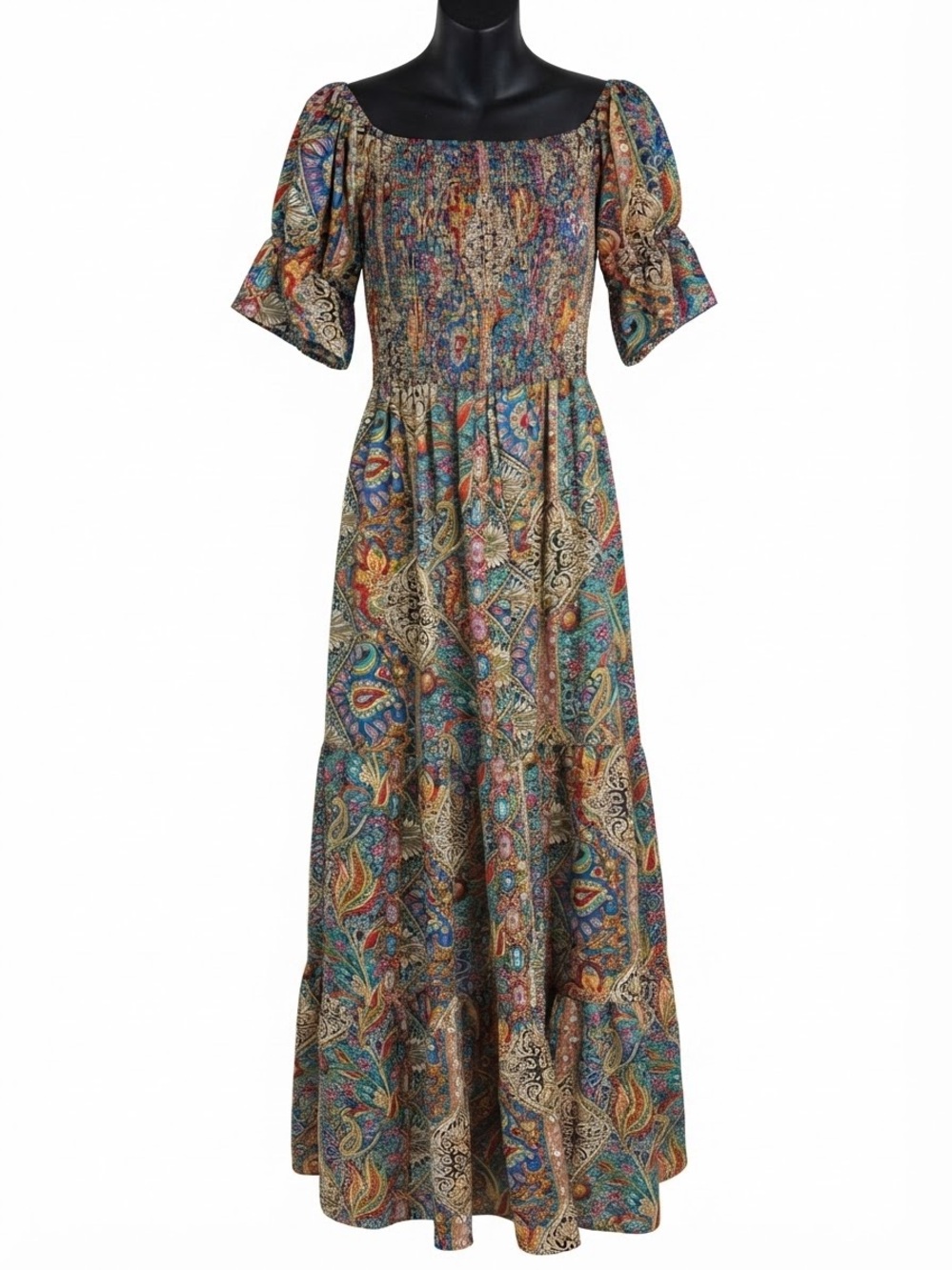 multicolored paisley-print midi dress smocked bodice and short puff medium